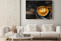 Obraz: Top view of coffee latte art with tulip pattern on top on rustic