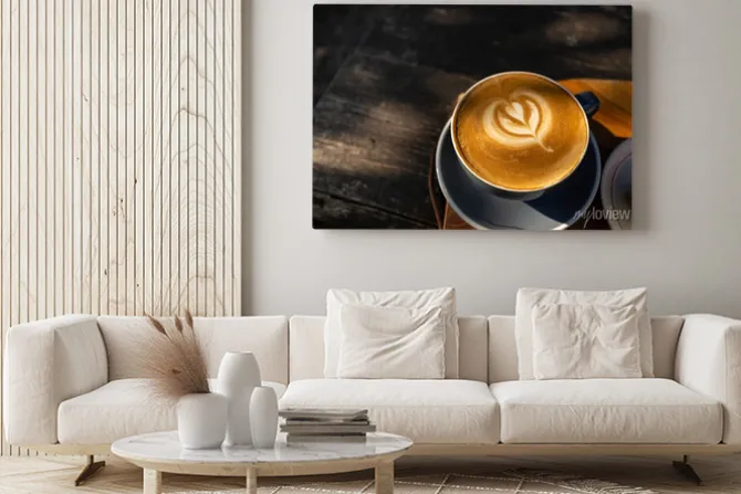 Obraz: Top view of coffee latte art with tulip pattern on top on rustic