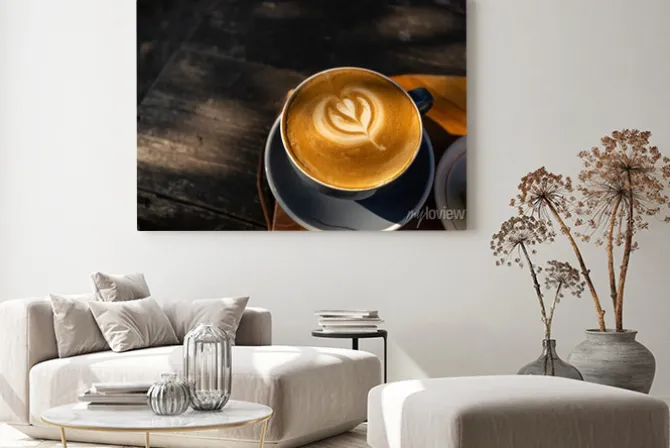 Obraz: Top view of coffee latte art with tulip pattern on top on rustic