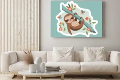 Obraz: Tropical sloth sticker. exotic animal on branch among flowers