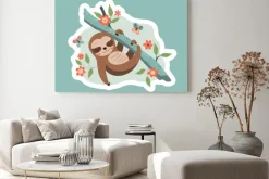 Obraz: Tropical sloth sticker. exotic animal on branch among flowers
