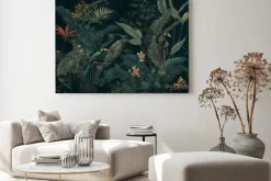 Obraz: Tropikalna dżungla z ptakami w ciemnych odcieniach