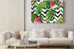 Obraz: Tropikalne liście i arbuzy na geometrycznym tle