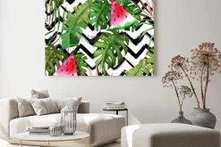 Obraz: Tropikalne liście i arbuzy na geometrycznym tle