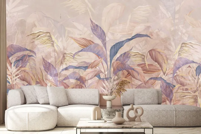 Obraz: Tropikalne liście na jasnym beżowym tle