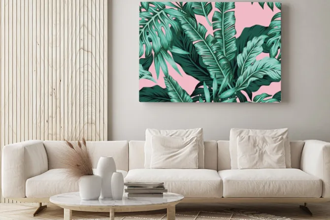 Obraz: Tropikalnych liści zielony bezszwowy różowy tło