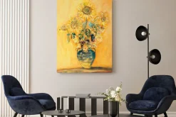 Obraz: Żółty bukiet słoneczników na żółto-pomarańczowym tle