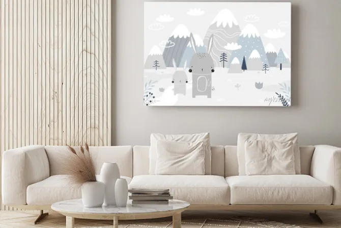 Obraz: Vector children hand drawn mountain and cute bunny illustration