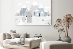 Obraz: Vector children hand drawn mountain and cute bunny illustration