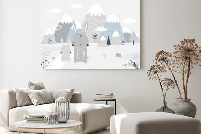 Obraz: Vector children hand drawn mountain and cute bunny illustration