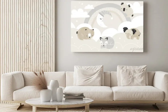 Obraz: Vector children hand drawn cute animals sleeping on clouds and