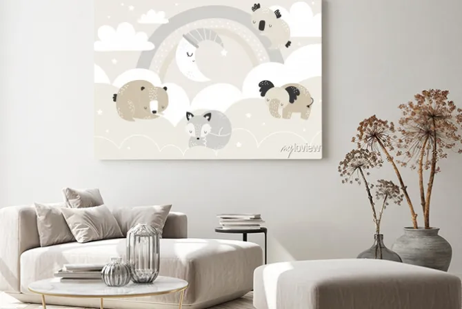 Obraz: Vector children hand drawn cute animals sleeping on clouds and