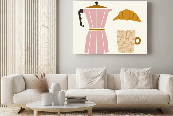 Obraz: Vector illustration with geyser coffee maker, coffee cup with