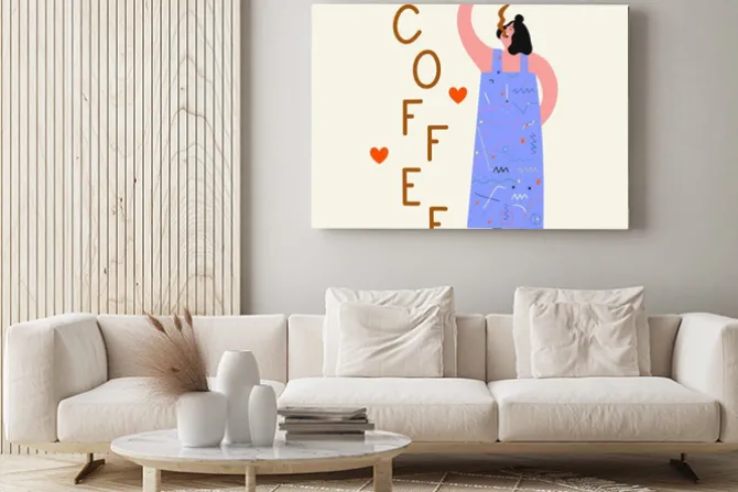 Obraz: Vector illustration with woman drinking from red cup of coffee.