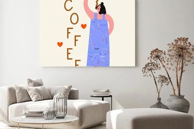 Obraz: Vector illustration with woman drinking from red cup of coffee.