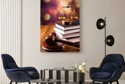 Obraz: Waga temidy i młotek sędziego na książkach