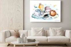 Obraz: Watercolor illustration cute baby animals sleeping on the cloud
