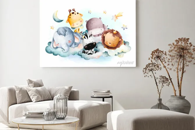 Obraz: Watercolor illustration cute baby animals sleeping on the cloud
