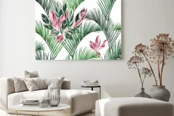 Obraz: Watercolor painting colorful coconut,green,pink leaves seamless