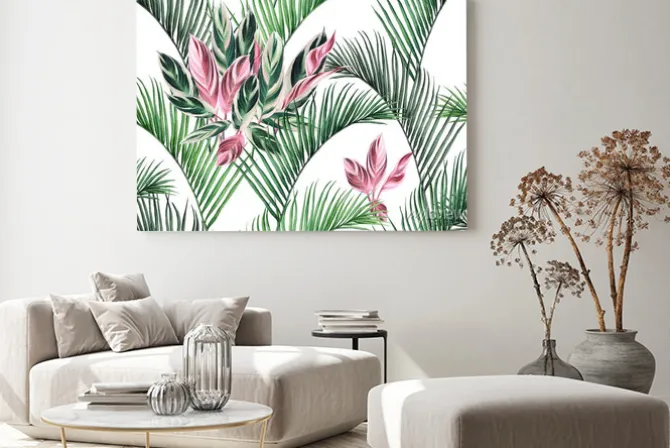 Obraz: Watercolor painting colorful coconut,green,pink leaves seamless