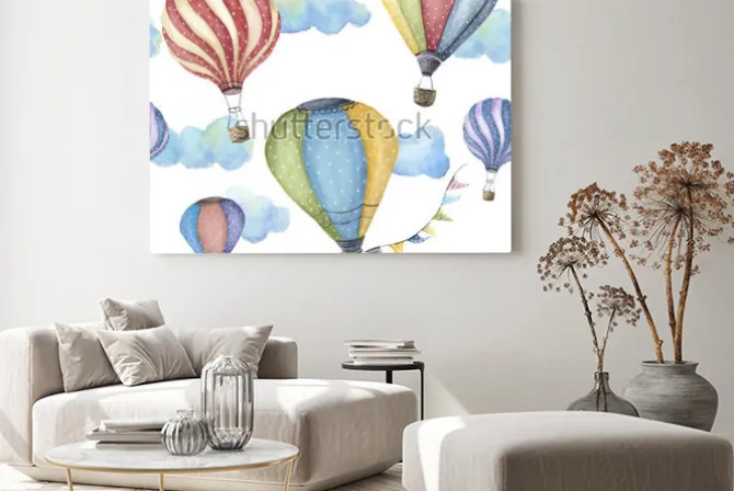 Obraz: Watercolor pattern with cartoon hot air balloon. transport ornament