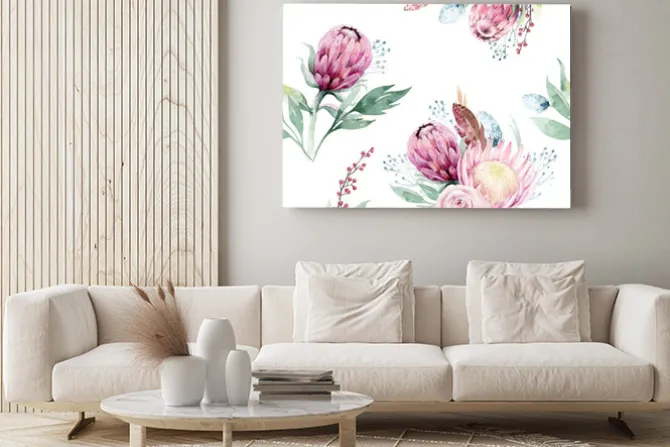 Obraz: Watercolor protea seamless pattern. tropical leaves background.