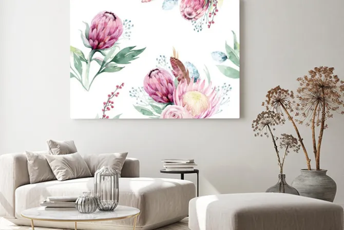 Obraz: Watercolor protea seamless pattern. tropical leaves background.