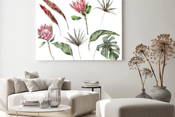 Obraz: Watercolor tropical set with protea and palm leaves. hand painted