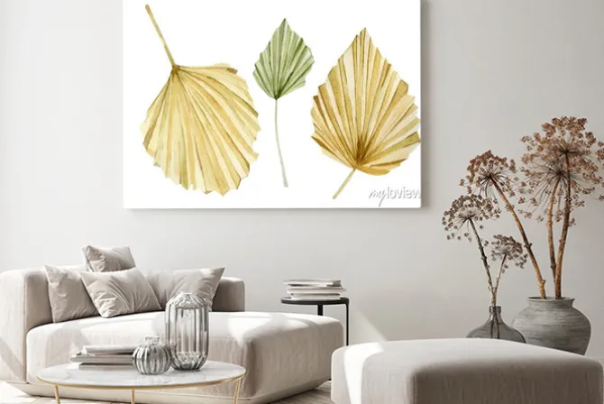 Obraz: Watercolor tropical floral set. glomour golden color leaves in