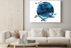 Obraz: Wieloryb i ryby w artystycznej kompozycji z księżycem