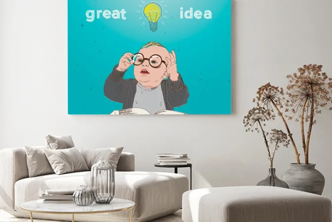 Obraz: Świetny pomysł, dziecko z książką i żarówki nad głową