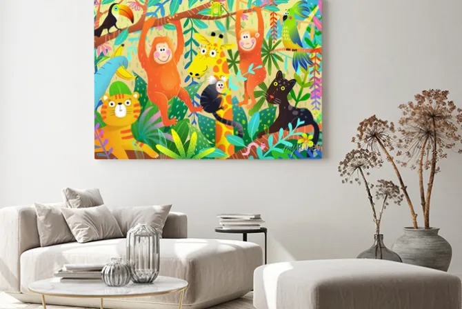 Obraz: Wild animals in colorful african jungle design for kids. vibrant