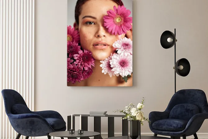 Obraz: Woman, flowers and studio portrait for beauty, wellness and skincare
