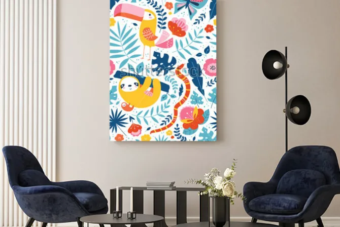 Obraz: Wzór roślinny z zwierzęcymi charakterami, pieprzojad, opieszałość,