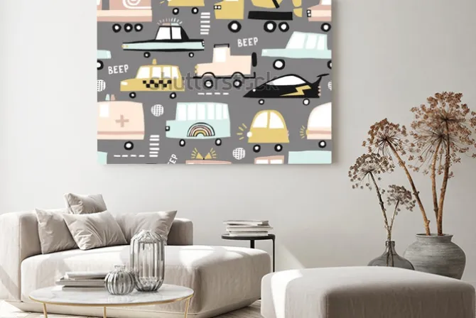 Obraz: Wzór z uroczych samochodów. cartoon samochody, włazy drogowe,