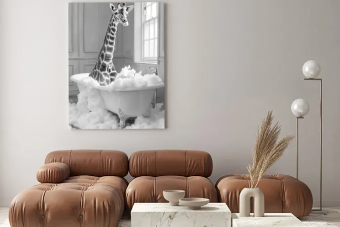 Obraz: Żyrafa w wannie czarno biały motyw artystyczny