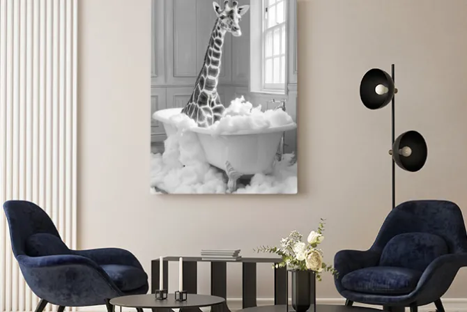 Obraz: Żyrafa w wannie czarno biały motyw artystyczny