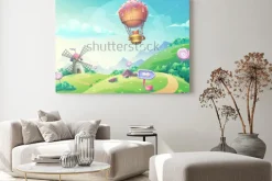 Obraz: Z ilustracja krajobraz z marmoladowym cukierkiem młynem i lisem