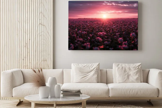 Obraz: Zachód słońca z różowym niebem nad łąką pełną kwiatów