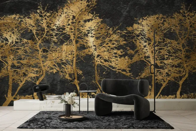 Obraz: Zdobione złote drzewa ma czarnym murze