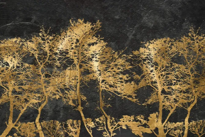 Obraz: Zdobione złote drzewa ma czarnym murze