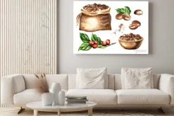 Obraz: Zestaw ziaren kawy. dłoń akwarela ilustracja na białym tle