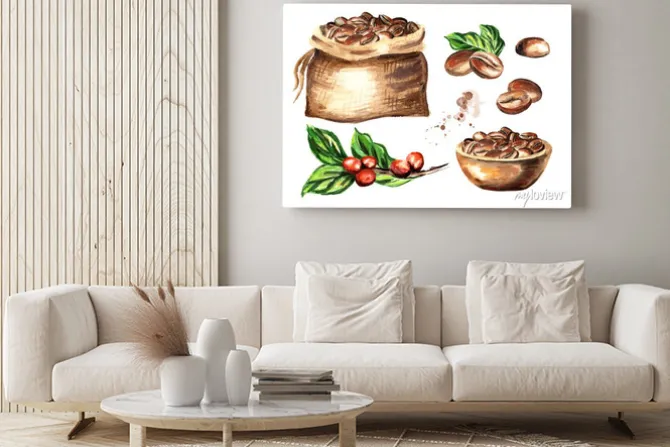 Obraz: Zestaw ziaren kawy. dłoń akwarela ilustracja na białym tle