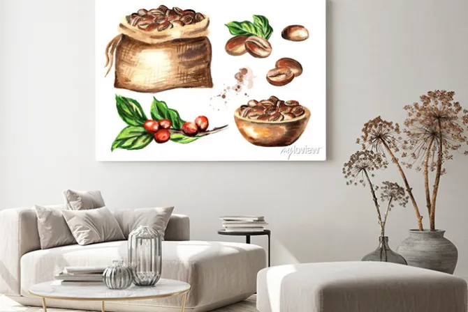 Obraz: Zestaw ziaren kawy. dłoń akwarela ilustracja na białym tle