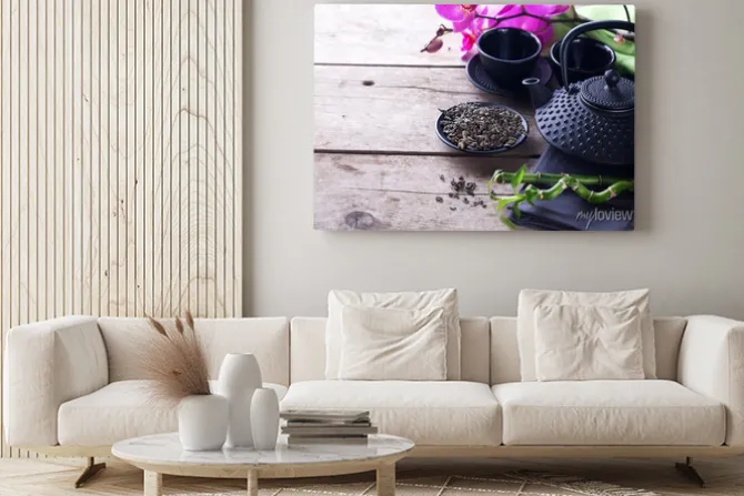 Obraz: Zielona herbata w misce i tradycyjne azjatyckie zestaw herbaty