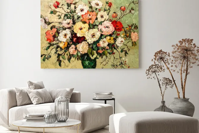 Obraz: Zielony wazon z kolorowymi kwiatami