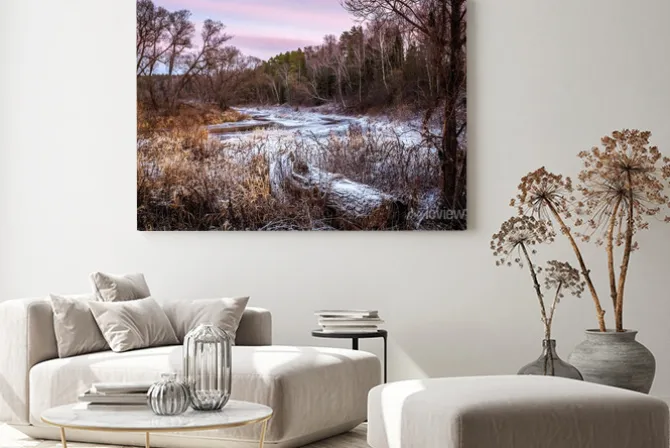 Obraz: Zima i wiosna rzeki i drewna