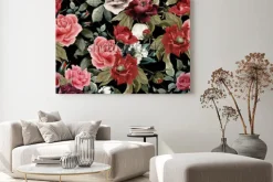 Obraz: Złożony kwiecisty wzór z różowymi różami i peoniami na szerokim