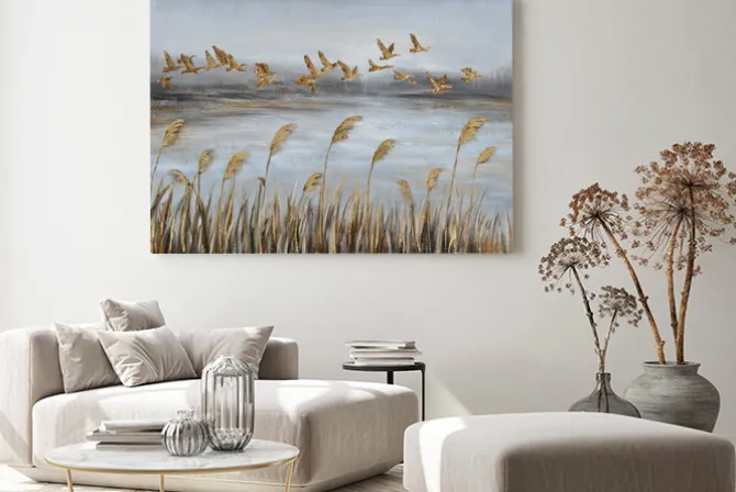 Obraz: Złote ptaki i trawy abstrakcyjny malunek