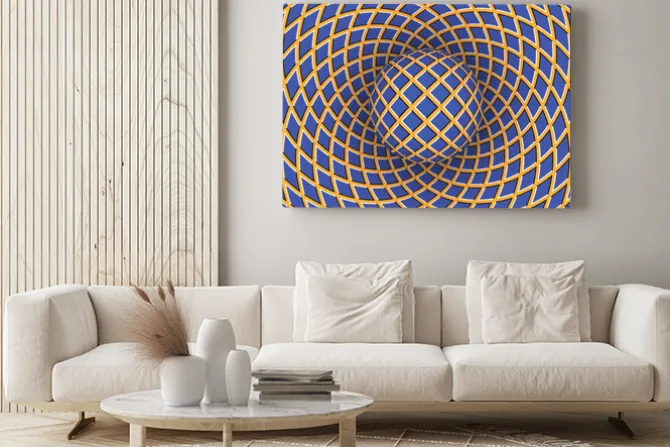 Obraz: Złudzenie optyczne obrotu kuli na tle z możliwością przemieszczania.